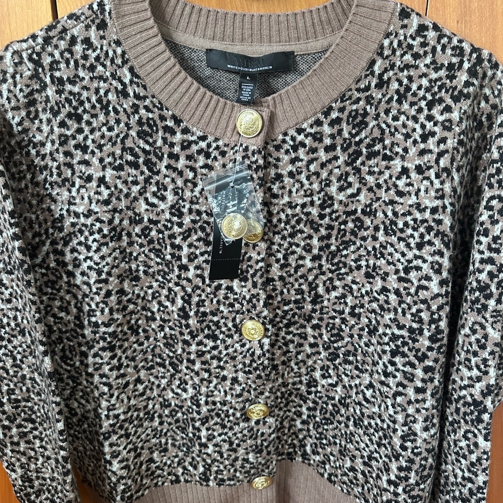 White House Black Market Animal Print Cardigan with Gold Buttons